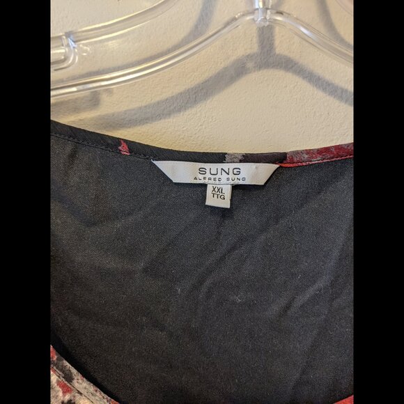 Alfred Sung Black Red Floral Whimsygoth Blouse Sheer Layered Office Summer XXL - Picture 7 of 8